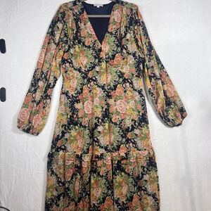 Baltic Born Navy Floral Maxi Dress V-Neck Tiered Ruffle 1XL  Boho Wedding